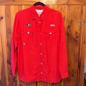Columbia Red Long-Sleeve Fishing Button-Up with Team Patch